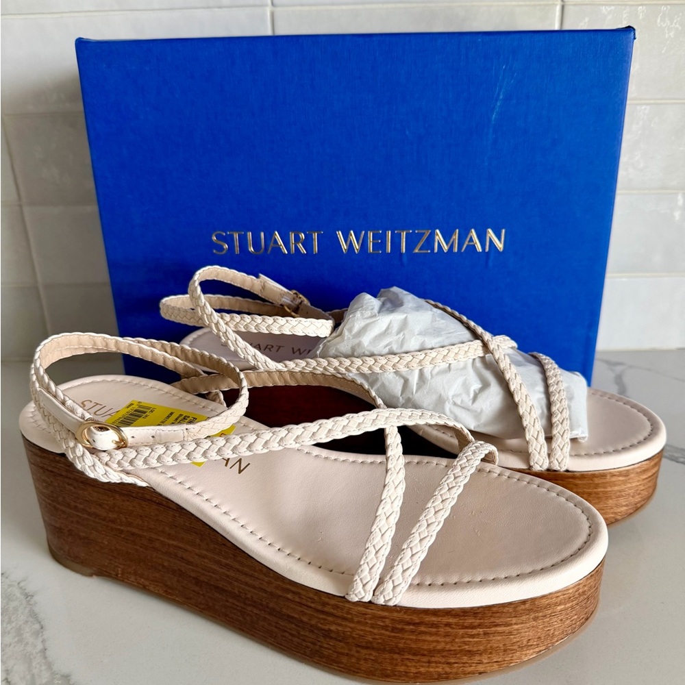 Stuart Weitzman Cream Braided Strap Platform Sandals